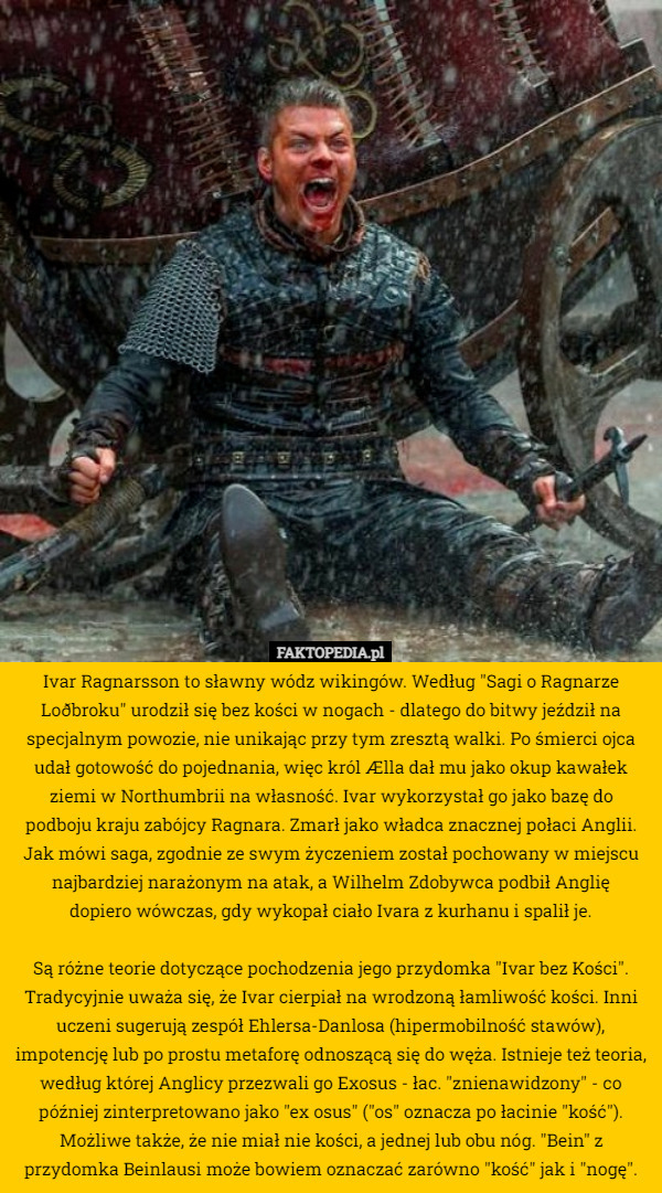Ivar Ragnarsson to sławny wódz wikingów. Według "Sagi o Ragnarze Loðbroku" urodził się bez kości w nogach - dlatego do bitwy jeździł na specjalnym powozie, nie unikając przy tym zresztą walki. Po śmierci ojca udał gotowość do pojednania, więc król Ælla dał mu jako okup kawałek ziemi w Northumbrii na własność. Ivar wykorzystał go jako bazę do podboju kraju zabójcy Ragnara. Zmarł jako władca znacznej połaci Anglii. Jak mówi saga, zgodnie ze swym życzeniem został pochowany w miejscu najbardziej narażonym na atak, a Wilhelm Zdobywca podbił Anglię
 dopiero wówczas, gdy wykopał ciało Ivara z kurhanu i spalił je.

Są różne teorie dotyczące pochodzenia jego przydomka "Ivar bez Kości". Tradycyjnie uważa się, że Ivar cierpiał na wrodzoną łamliwość kości. Inni uczeni sugerują zespół Ehlersa-Danlosa (hipermobilność stawów), impotencję lub po prostu metaforę odnoszącą się do węża. Istnieje też teoria, według której Anglicy przezwali go Exosus - łac. "znienawidzony" - co później zinterpretowano jako "ex osus" ("os" oznacza po łacinie "kość"). Możliwe także, że nie miał nie kości, a jednej lub obu nóg. "Bein" z przydomka Beinlausi może bowiem oznaczać zarówno "kość" jak i "nogę". 