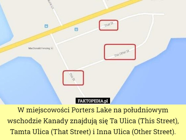 W miejscowości Porters Lake na południowym wschodzie Kanady znajdują się Ta Ulica (This Street), Tamta Ulica (That Street) i Inna Ulica (Other Street). 