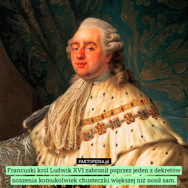 Francuski król Ludwik XVI zabronił poprzez jeden z dekretów noszenia komukolwiek chusteczki większej niż nosił sam. 