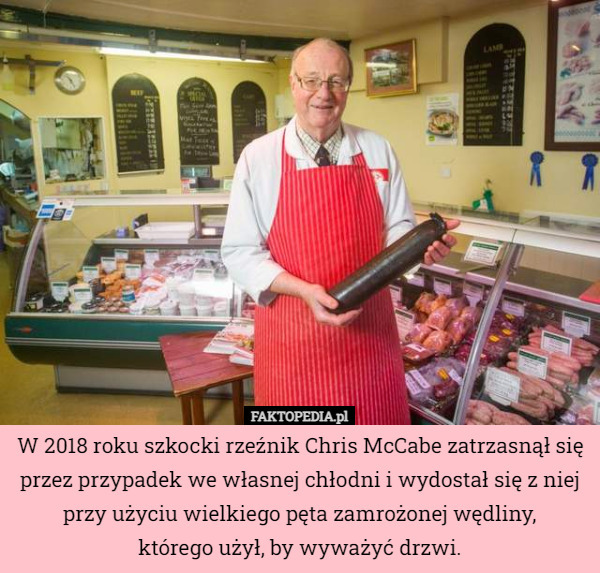 W 2018 roku szkocki rzeźnik Chris McCabe zatrzasnął się przez przypadek we własnej chłodni i wydostał się z niej przy użyciu wielkiego pęta zamrożonej wędliny,
 którego użył, by wyważyć drzwi. 