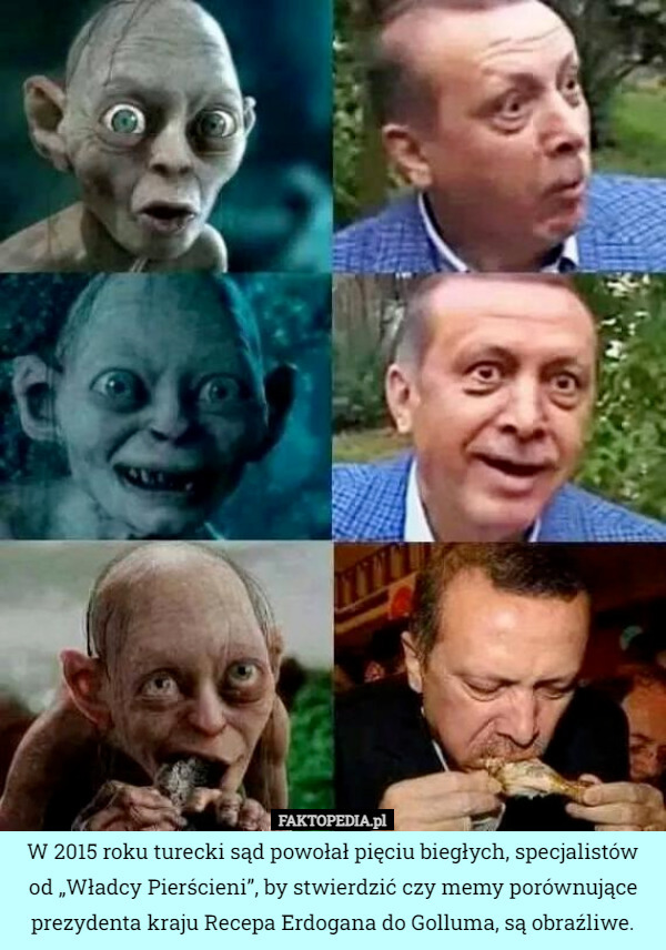 W 2015 roku turecki sąd powołał pięciu biegłych, specjalistów od „Władcy Pierścieni”, by stwierdzić czy memy porównujące prezydenta kraju Recepa Erdogana do Golluma, są obraźliwe. 