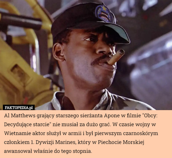 Al Matthews grający starszego sierżanta Apone w filmie "Obcy: Decydujące starcie" nie musiał za dużo grać. W czasie wojny w Wietnamie aktor służył w armii i był pierwszym czarnoskórym członkiem 1. Dywizji Marines, który w Piechocie Morskiej awansował właśnie do tego stopnia. 