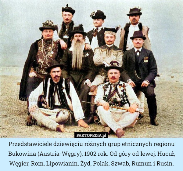 Przedstawiciele dziewięciu różnych grup etnicznych regionu Bukowina (Austria-Węgry), 1902 rok. Od góry od lewej: Hucuł, Węgier, Rom, Lipowianin, Żyd, Polak, Szwab, Rumun i Rusin. 