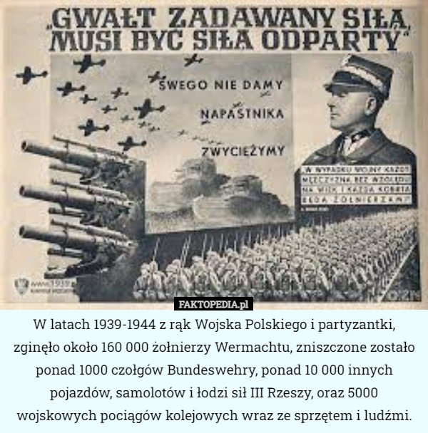 W latach 1939-1944 z rąk Wojska Polskiego i partyzantki, zginęło około 160 000 żołnierzy Wermachtu, zniszczone zostało ponad 1000 czołgów Bundeswehry, ponad 10 000 innych pojazdów, samolotów i łodzi sił III Rzeszy, oraz 5000 wojskowych pociągów kolejowych wraz ze sprzętem i ludźmi. 