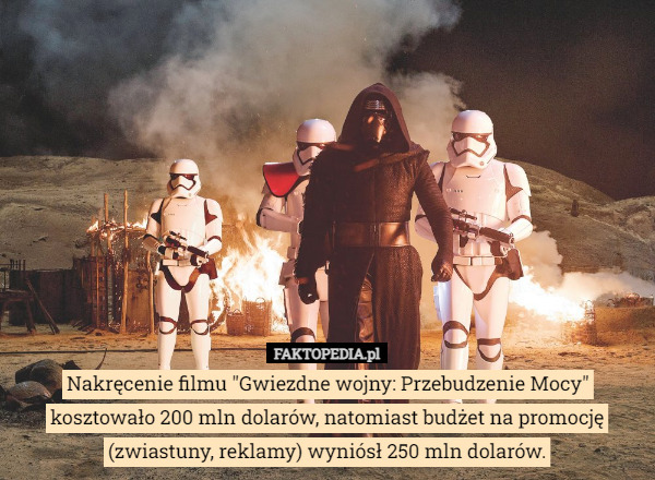Nakręcenie filmu "Gwiezdne wojny: Przebudzenie Mocy" kosztowało 200 mln dolarów, natomiast budżet na promocję (zwiastuny, reklamy) wyniósł 250 mln dolarów. 