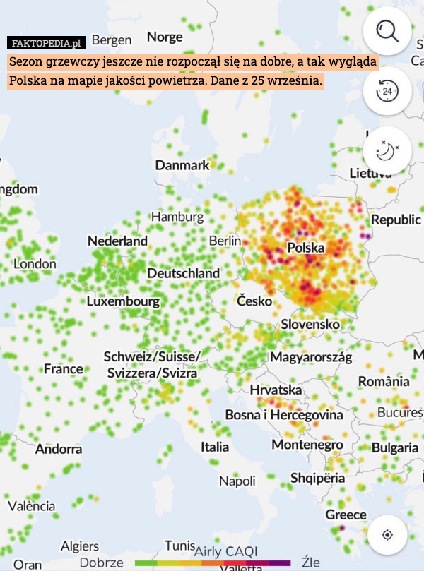 Sezon grzewczy jeszcze nie rozpoczął się na dobre, a tak wygląda Polska na mapie jakości powietrza. Dane z 25 września. 