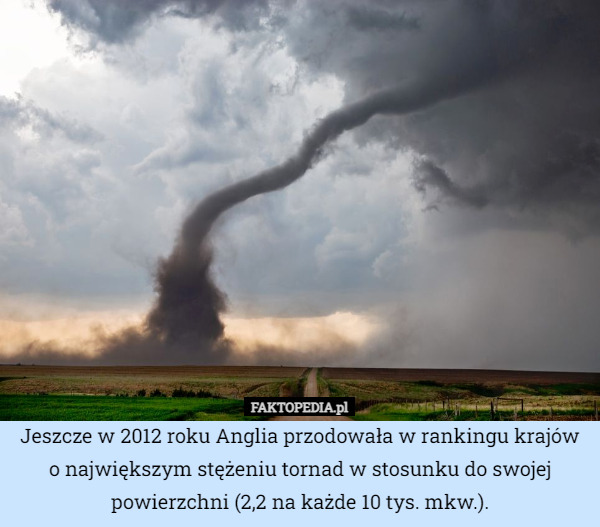 Jeszcze w 2012 roku Anglia przodowała w rankingu krajów
o największym stężeniu tornad w stosunku do swojej powierzchni (2,2 na każde 10 tys. mkw.). 