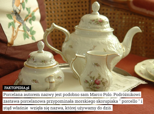 Porcelana autorem nazwy jest podobno sam Marco Polo. Podróżnikowi zastawa porcelanowa przypominała morskiego skorupiaka '' porcello '' i stąd właśnie  wzięła się nazwa, której używamy do dziś. 