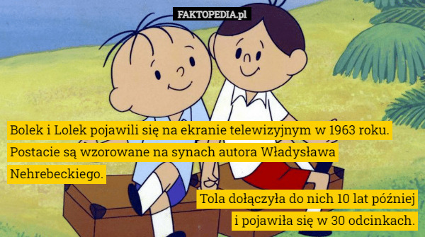 Bolek i Lolek pojawili się na ekranie telewizyjnym w 1963 roku.
Postacie są wzorowane na synach autora Władysława Nehrebeckiego. Tola dołączyła do nich 10 lat później
i pojawiła się w 30 odcinkach. 