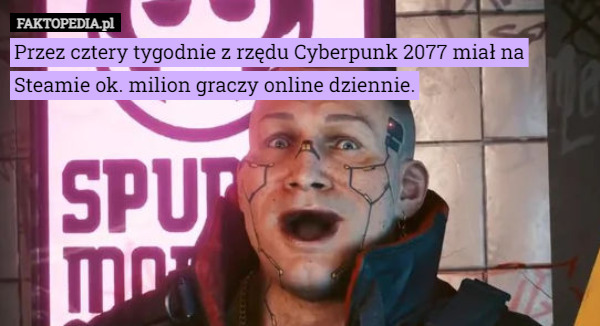 Przez cztery tygodnie z rzędu Cyberpunk 2077 miał na Steamie ok. milion graczy online dziennie. 