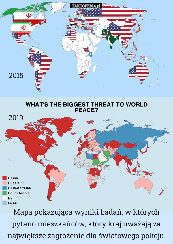 Mapa pokazująca wyniki badań, w których pytano mieszkańców, który kraj uważają za największe zagrożenie dla światowego pokoju. 2015 2019 