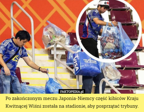 Po zakończonym meczu Japonia-Niemcy część kibiców Kraju Kwitnącej Wiśni została na stadionie, aby posprzątać trybuny. 