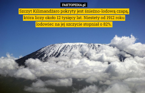 Szczyt Kilimandżaro pokryty jest śnieżno-lodową czapą, która liczy około 12 tysięcy lat. Niestety od 1912 roku lodowiec na jej szczycie stopniał o 82%. 