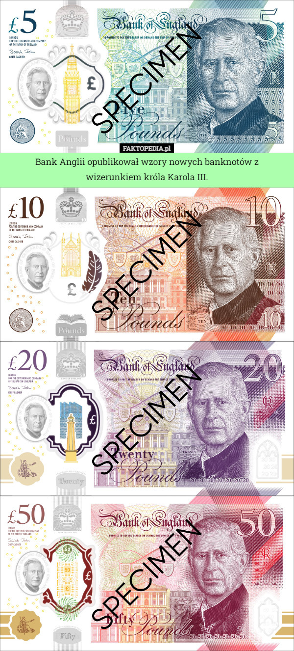 Bank Anglii opublikował wzory nowych banknotów z wizerunkiem króla Karola III. 