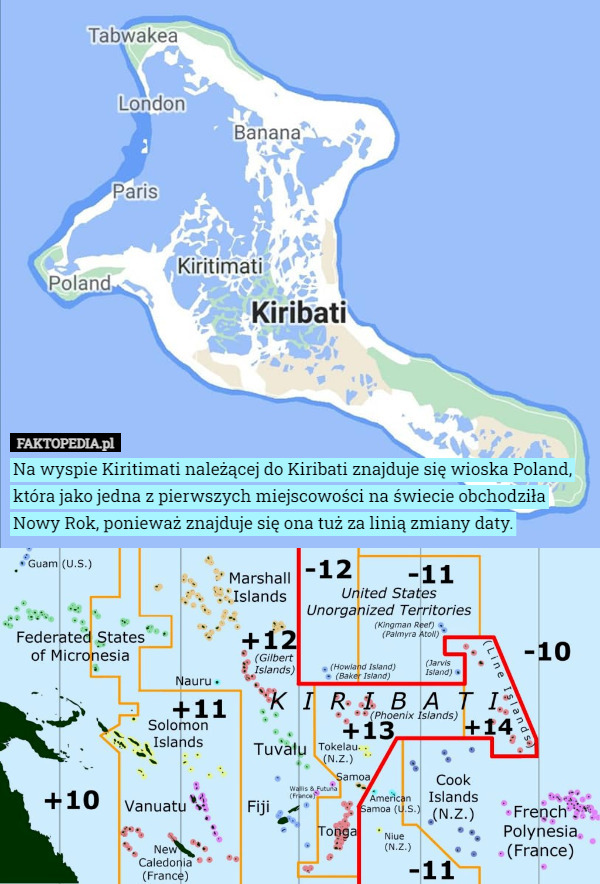 Na wyspie Kiritimati należącej do Kiribati znajduje się wioska Poland, która jako jedna z pierwszych miejscowości na świecie obchodziła Nowy Rok, ponieważ znajduje się ona tuż za linią zmiany daty. 