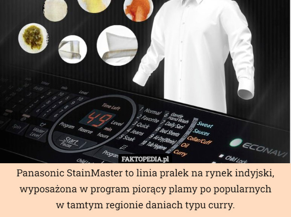 Panasonic StainMaster to linia pralek na rynek indyjski, wyposażona w program piorący plamy po popularnych
w tamtym regionie daniach typu curry. 