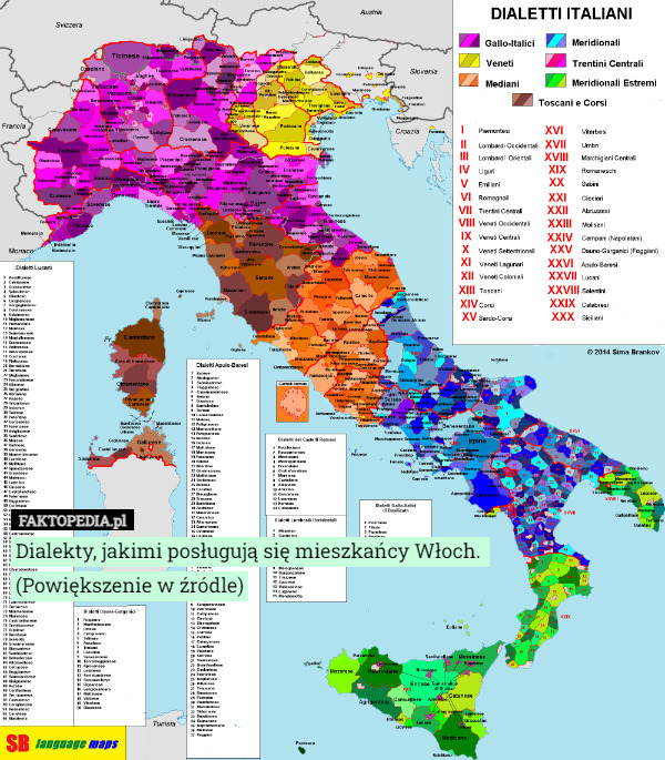 Dialekty, jakimi posługują się mieszkańcy Włoch. 
(Powiększenie w źródle) 