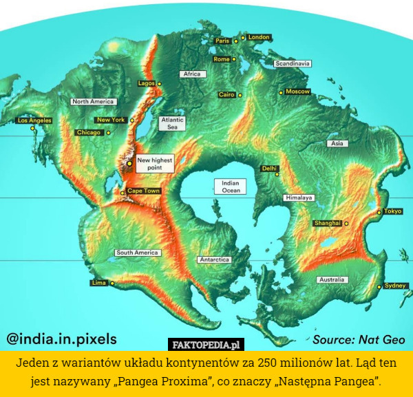 Jeden z wariantów układu kontynentów za 250 milionów lat. Ląd ten jest nazywany „Pangea Proxima”, co znaczy „Następna Pangea”. 