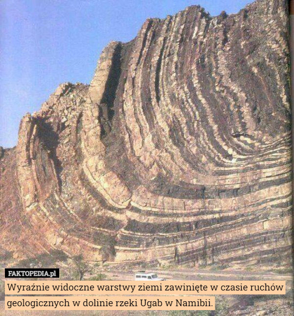Wyraźnie widoczne warstwy ziemi zawinięte w czasie ruchów geologicznych w dolinie rzeki Ugab w Namibii. 