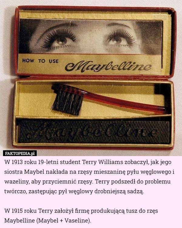 W 1913 roku 19-letni student Terry Williams zobaczył, jak jego siostra Maybel nakłada na rzęsy mieszaninę pyłu węglowego i wazeliny, aby przyciemnić rzęsy. Terry podszedł do problemu twórczo, zastępując pył węglowy drobniejszą sadzą.

W 1915 roku Terry założył firmę produkującą tusz do rzęs Maybelline (Maybel + Vaseline). 