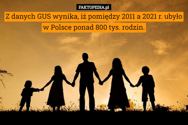 Z danych GUS wynika, iż pomiędzy 2011 a 2021 r. ubyło w Polsce ponad 800 tys. rodzin. 