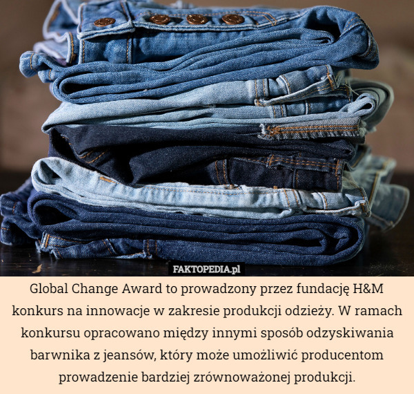 Global Change Award to prowadzony przez fundację H&M konkurs na innowacje w zakresie produkcji odzieży. W ramach konkursu opracowano między innymi sposób odzyskiwania barwnika z jeansów, który może umożliwić producentom prowadzenie bardziej zrównoważonej produkcji. 