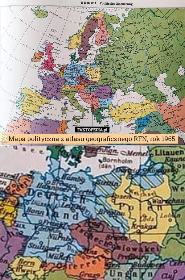 Mapa polityczna z atlasu geograficznego RFN, rok 1965. 