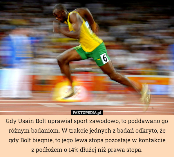 Gdy Usain Bolt uprawiał sport zawodowo, to poddawano go różnym badaniom. W trakcie jednych z badań odkryto, że gdy Bolt biegnie, to jego lewa stopa pozostaje w kontakcie
z podłożem o 14% dłużej niż prawa stopa. 
