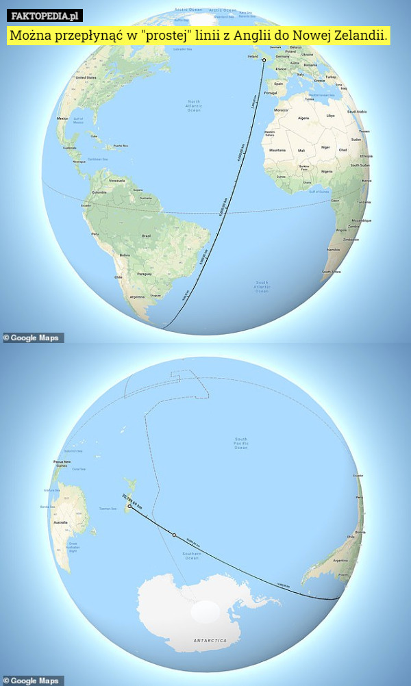 Można przepłynąć w "prostej" linii z Anglii do Nowej Zelandii. 