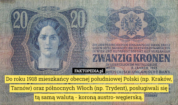 Do roku 1918 mieszkańcy obecnej południowej Polski (np. Kraków, Tarnów) oraz północnych Włoch (np. Trydent), posługiwali się
 tą samą walutą - koroną austro-węgierską. 