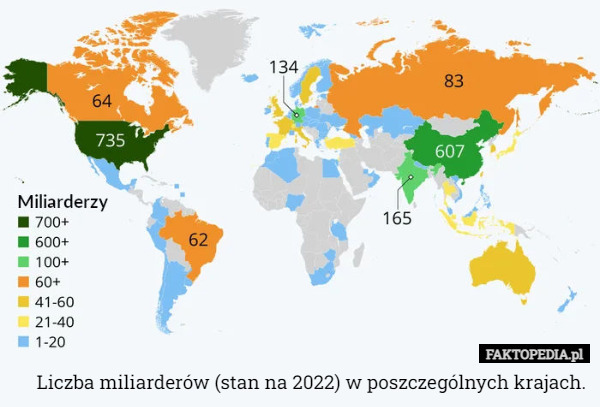 Liczba miliarderów (stan na 2022) w poszczególnych krajach. 