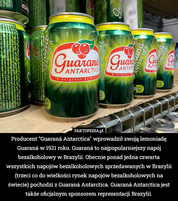 Producent "Guaraná Antarctica" wprowadził swoją lemoniadę Guaraná w 1921 roku. Guaraná to najpopularniejszy napój bezalkoholowy w Brazylii. Obecnie ponad jedna czwarta wszystkich napojów bezalkoholowych sprzedawanych w Brazylii (trzeci co do wielkości rynek napojów bezalkoholowych na świecie) pochodzi z Guaraná Antarctica. Guaraná Antarctica jest także oficjalnym sponsorem reprezentacji Brazylii. 
