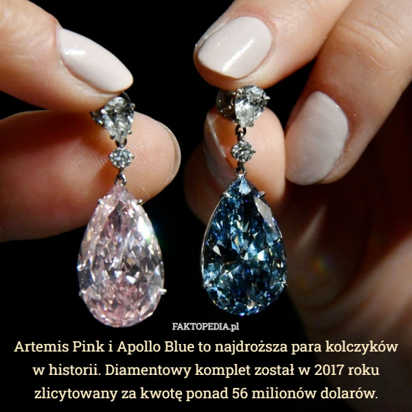 Artemis Pink i Apollo Blue to najdroższa para kolczyków w historii. Diamentowy komplet został w 2017 roku zlicytowany za kwotę ponad 56 milionów dolarów. 