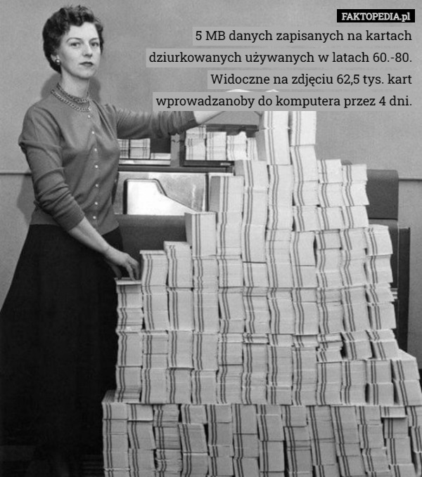 5 MB danych zapisanych na kartach dziurkowanych używanych w latach 60.-80.
Widoczne na zdjęciu 62,5 tys. kart wprowadzanoby do komputera przez 4 dni. 