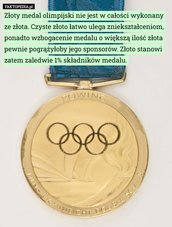 Złoty medal olimpijski nie jest w całości wykonany ze złota. Czyste złoto łatwo ulega zniekształceniom, ponadto wzbogacenie medalu o większą ilość złota pewnie pogrążyłoby jego sponsorów. Złoto stanowi zatem zaledwie 1% składników medalu. 