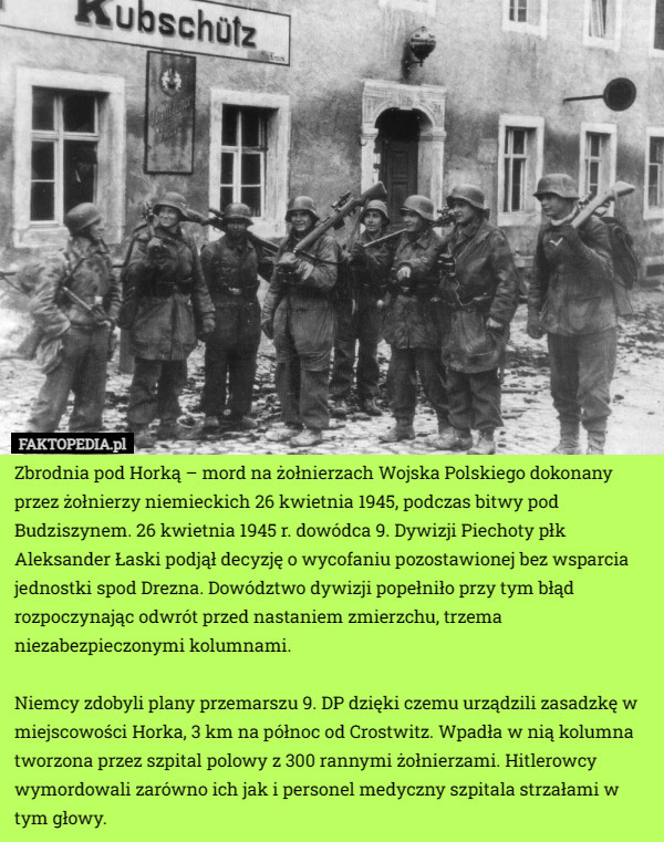 Zbrodnia pod Horką – mord na żołnierzach Wojska Polskiego dokonany przez żołnierzy niemieckich 26 kwietnia 1945, podczas bitwy pod Budziszynem. 26 kwietnia 1945 r. dowódca 9. Dywizji Piechoty płk Aleksander Łaski podjął decyzję o wycofaniu pozostawionej bez wsparcia jednostki spod Drezna. Dowództwo dywizji popełniło przy tym błąd rozpoczynając odwrót przed nastaniem zmierzchu, trzema niezabezpieczonymi kolumnami.

Niemcy zdobyli plany przemarszu 9. DP dzięki czemu urządzili zasadzkę w miejscowości Horka, 3 km na północ od Crostwitz. Wpadła w nią kolumna tworzona przez szpital polowy z 300 rannymi żołnierzami. Hitlerowcy wymordowali zarówno ich jak i personel medyczny szpitala strzałami w tym głowy. 