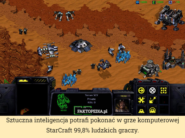 Sztuczna inteligencja potrafi pokonać w grze komputerowej StarCraft 99,8% ludzkich graczy. 