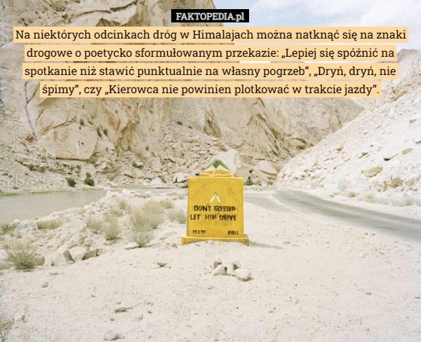 Na niektórych odcinkach dróg w Himalajach można natknąć się na znaki drogowe o poetycko sformułowanym przekazie: „Lepiej się spóźnić na spotkanie niż stawić punktualnie na własny pogrzeb”, „Dryń, dryń, nie śpimy”, czy „Kierowca nie powinien plotkować w trakcie jazdy”. 