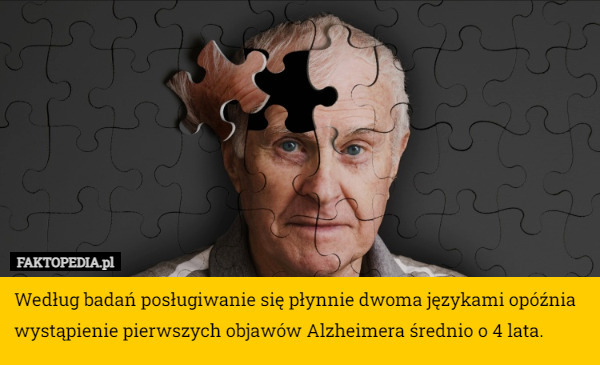 Według badań posługiwanie się płynnie dwoma językami opóźnia wystąpienie pierwszych objawów Alzheimera średnio o 4 lata. 