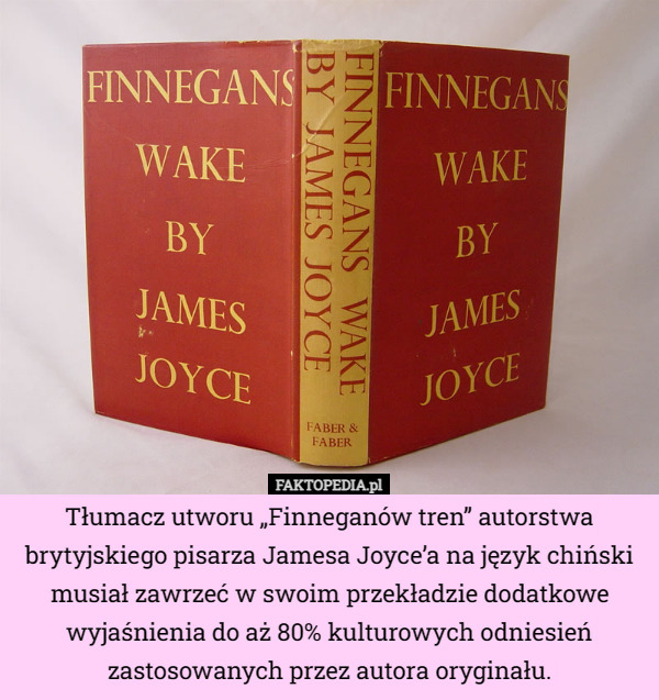 Tłumacz utworu „Finneganów tren” autorstwa brytyjskiego pisarza Jamesa Joyce’a na język chiński musiał zawrzeć w swoim przekładzie dodatkowe wyjaśnienia do aż 80% kulturowych odniesień zastosowanych przez autora oryginału. 