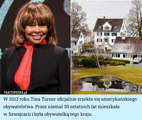 W 2013 roku Tina Turner oficjalnie zrzekła się amerykańskiego obywatelstwa. Przez niemal 30 ostatnich lat mieszkała
 w Szwajcarii i była obywatelką tego kraju. 