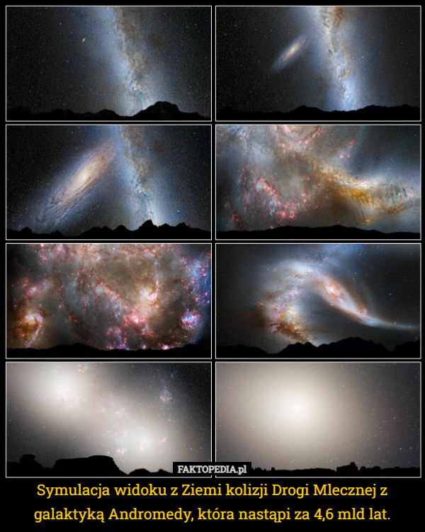 Symulacja widoku z Ziemi kolizji Drogi Mlecznej z galaktyką Andromedy, która nastąpi za 4,6 mld lat. 