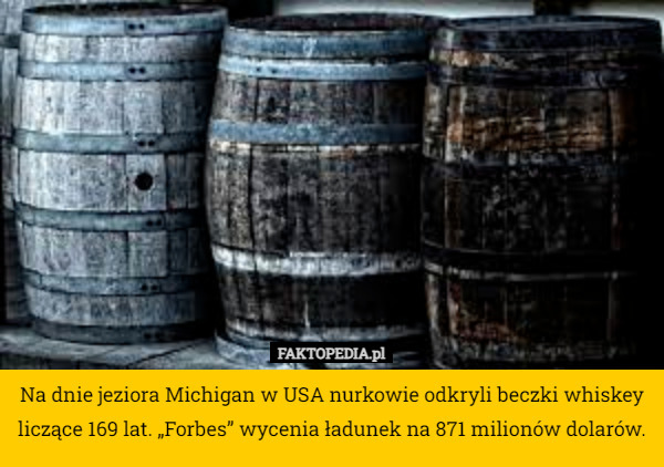 Na dnie jeziora Michigan w USA nurkowie odkryli beczki whiskey liczące 169 lat. „Forbes” wycenia ładunek na 871 milionów dolarów. 