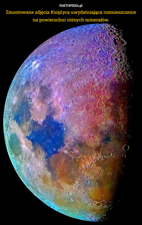 Zmontowane zdjęcia Księżyca uwydatniająca rozmieszczenie na powierzchni różnych minerałów. 