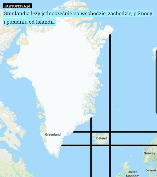 Grenlandia leży jednocześnie na wschodzie, zachodzie, północy i południu od Islandii. 