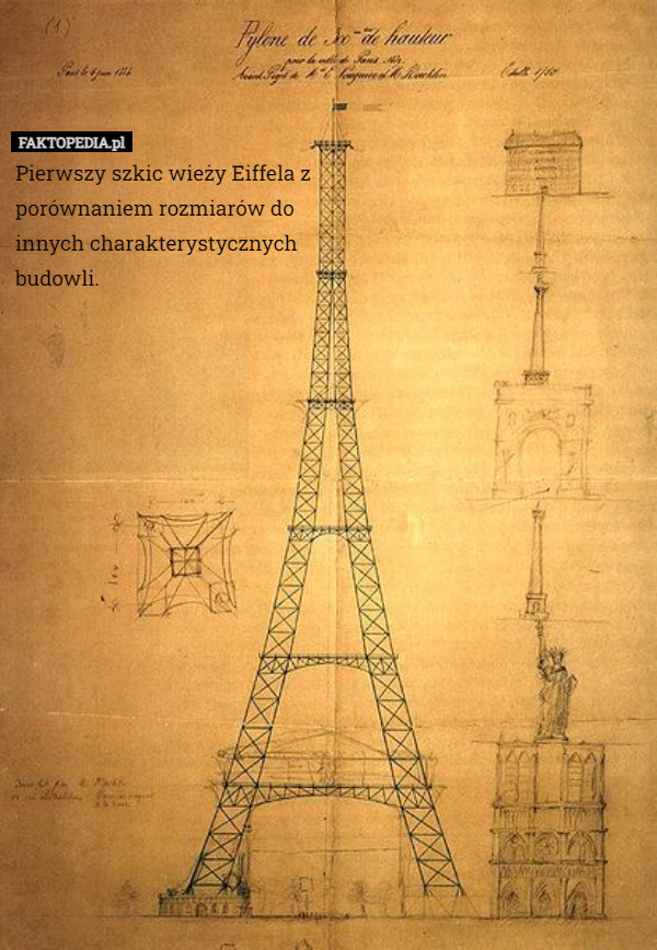 Pierwszy szkic wieży Eiffela z porównaniem rozmiarów do innych charakterystycznych budowli. 