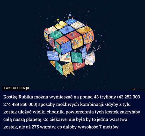 Kostkę Rubika można wymieszać na ponad 43 tryliony (43 252 003 274 489 856 000) sposoby możliwych kombinacji. Gdyby z tylu kostek ułożyć wielki chodnik, powierzchnia tych kostek zakryłaby całą naszą planetę. Co ciekawe, nie była by to jedna warstwa kostek, ale aż 275 warstw, co dałoby wysokość 7 metrów. 