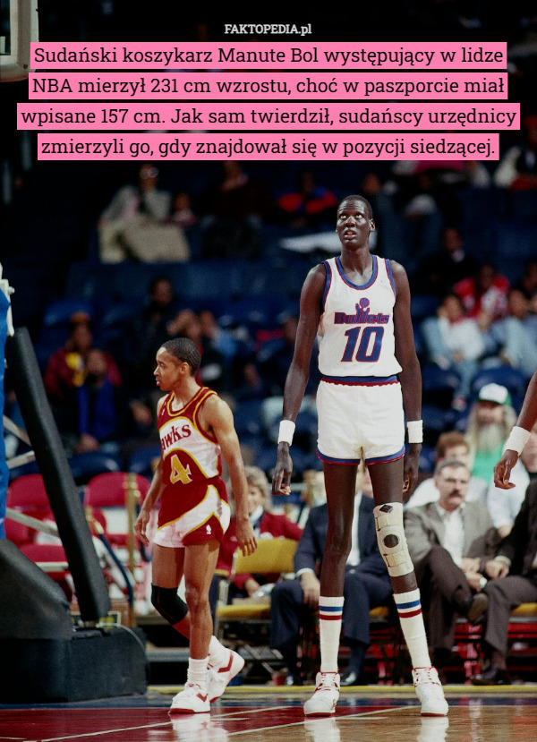 Sudański koszykarz Manute Bol występujący w lidze NBA mierzył 231 cm wzrostu, choć w paszporcie miał wpisane 157 cm. Jak sam twierdził, sudańscy urzędnicy zmierzyli go, gdy znajdował się w pozycji siedzącej. 