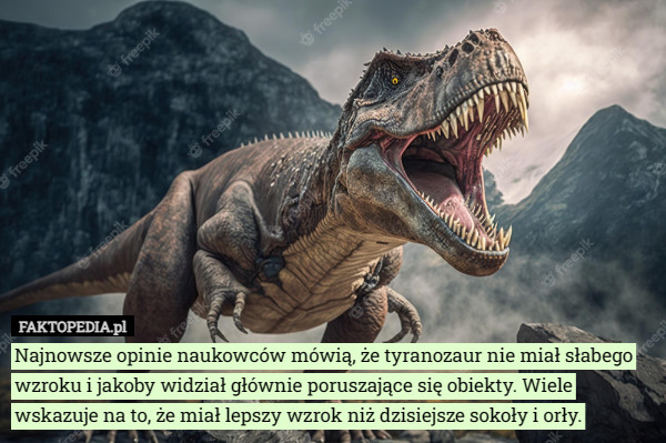 Najnowsze opinie naukowców mówią, że tyranozaur nie miał słabego wzroku i jakoby widział głównie poruszające się obiekty. Wiele wskazuje na to, że miał lepszy wzrok niż dzisiejsze sokoły i orły. 