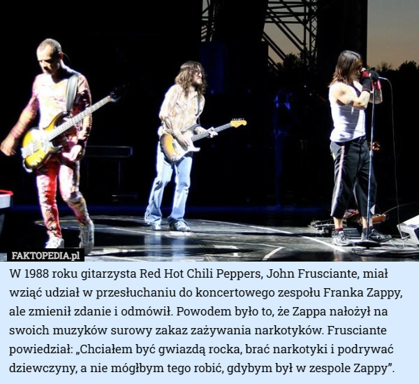 W 1988 roku gitarzysta Red Hot Chili Peppers, John Frusciante, miał wziąć udział w przesłuchaniu do koncertowego zespołu Franka Zappy, ale zmienił zdanie i odmówił. Powodem było to, że Zappa nałożył na swoich muzyków surowy zakaz zażywania narkotyków. Frusciante powiedział: „Chciałem być gwiazdą rocka, brać narkotyki i podrywać dziewczyny, a nie mógłbym tego robić, gdybym był w zespole Zappy”. 